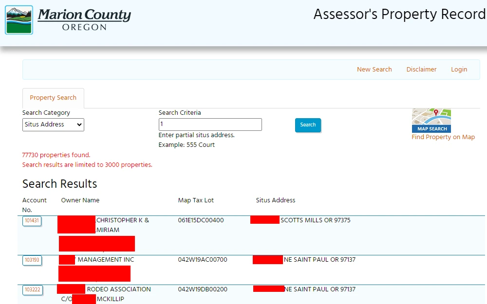 A screenshot of the Property Records Search tool maintained by the Marion County Assessor's Office showing sample search results listing each property's account number, owner name, map tax lot, and situs address.