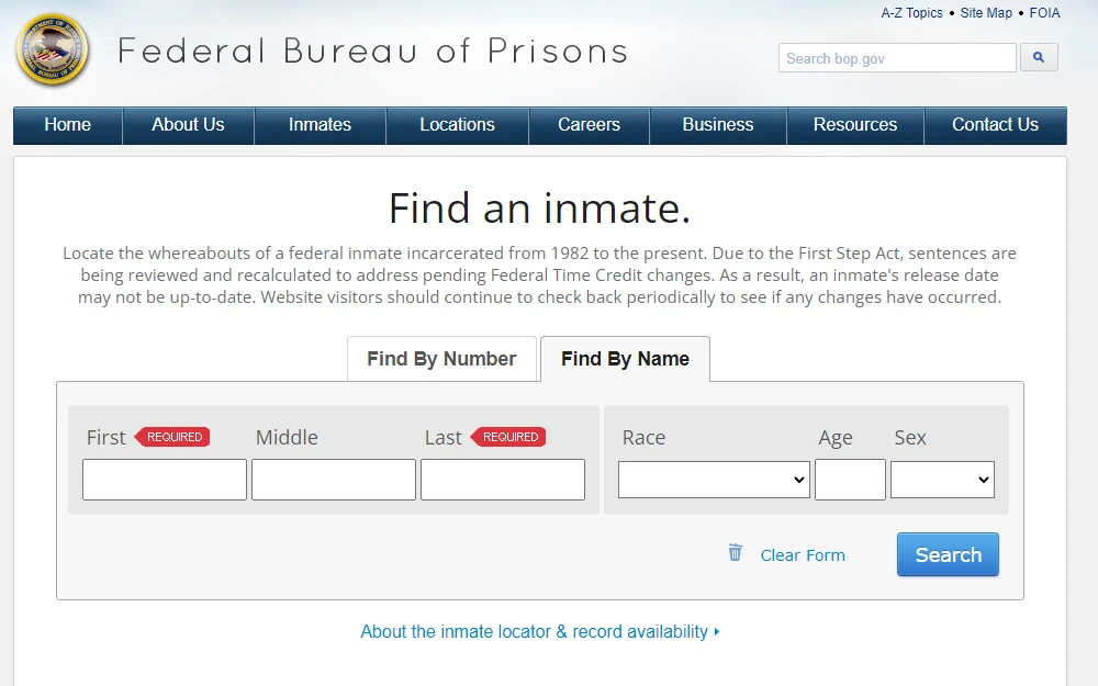 A screenshot of the federal inmate locator of the Federal Bureau of Prisons that is searchable through name or by number.