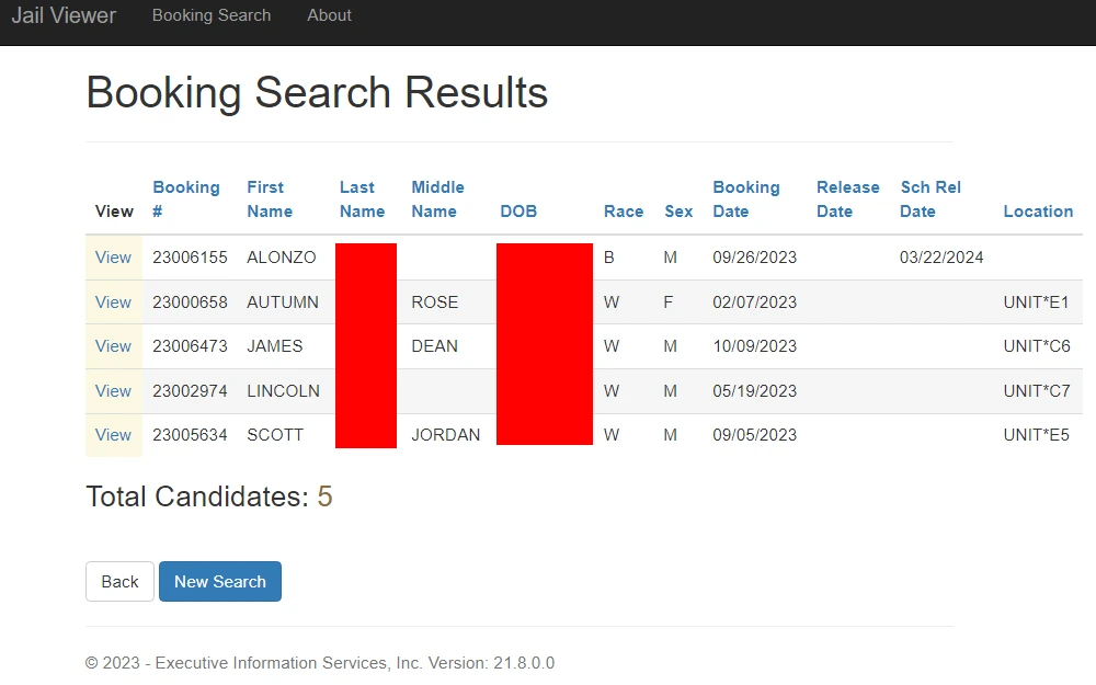 A screenshot of the Booking Search tool with sample list results displaying the listed individuals' booking number, first, last, and middle name (if available), DOB, race, sex, booking and release date, location, as well as a hyperlink that can be clicked to check more details about the inmate.