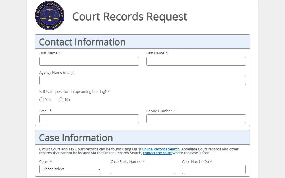 A screenshot of an online Court Records Request form of the Oregon Judicial Department that the requesters must fill out when requesting criminal records requiring their contact information, case information, and other details to find the records the searcher is looking for.