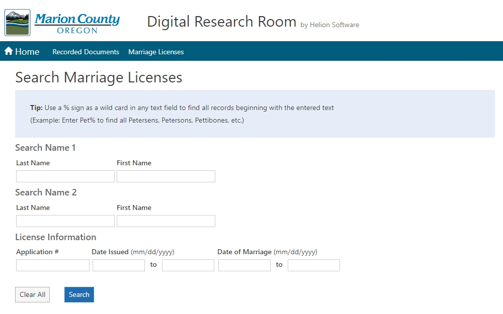 A screenshot of the Digital Research Room portal of Marion County, Oregon, showing the Marriage License Search tool that is searchable by providing party 1 and party 2's last and first name and the license's information like the application number, issued date, and the marriage date.