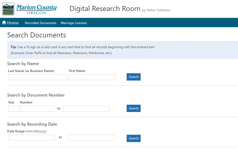 A screenshot of the Digital Research Room portal of Marion County, Oregon, showing the Document Search tool searchable by name, by document number, or by recording date.