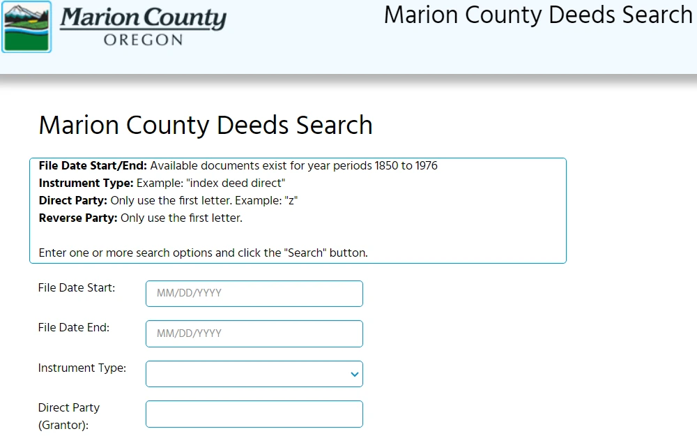 A screenshot of the Marion County Deeds Search tool that can be searched by providing the file date start, file date end, instrument type, direct party or grantor, and other available information.