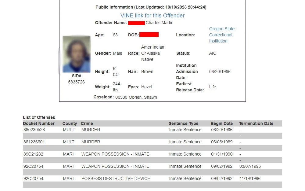 A screenshot of a sample detail result of an inmate taken from the search done through the Oregon Department of Corrections' Offender Search tool showing the individual's mugshot, personal information, list of offenses, and other case details.