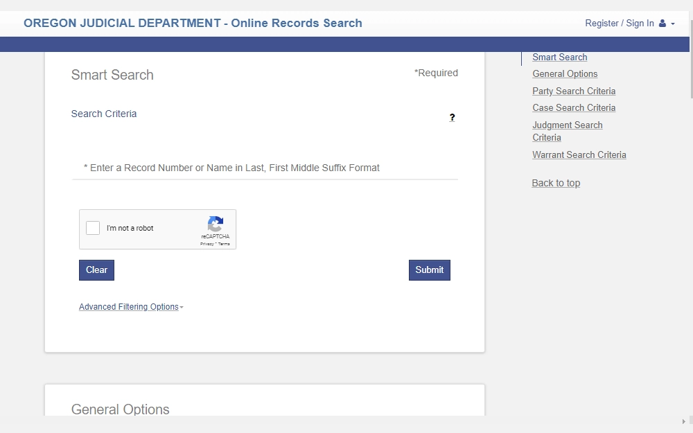 A screenshot of the Online Records Search tool provided by the Oregon Judicial Department, which is the "Smart Search" with advanced filtering options for a better search when searchers are tracking down an individual's criminal records.