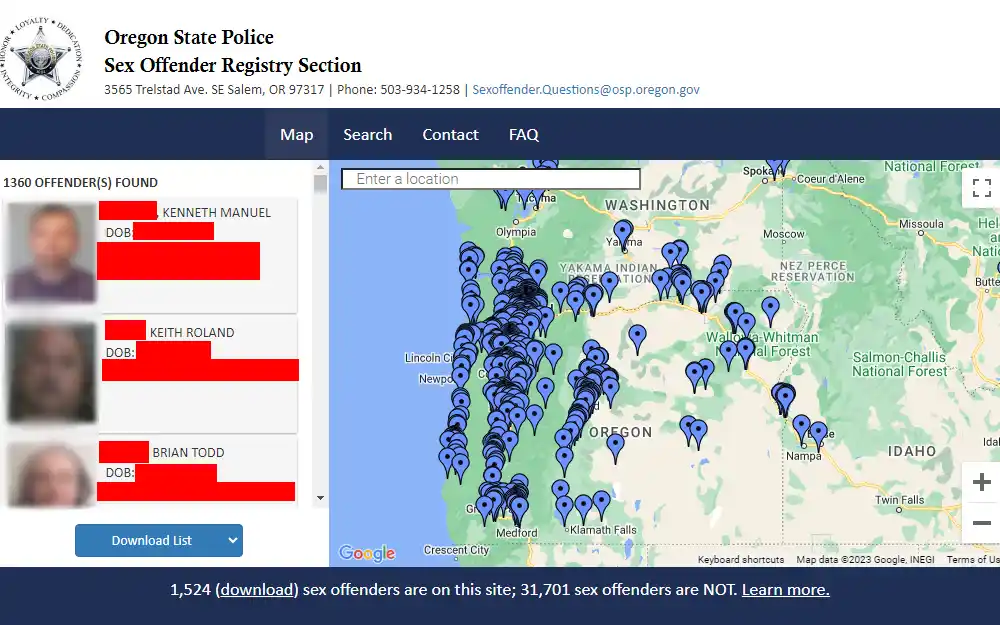 A screenshot of the Map Search tool with a sample list of offenders in the Sex Offender Registry Section portal made available by the Oregon State Police, showing a map with pointers where the sex offenders are located with the list of sex offenders on the left side showing their mugshots, full name, DOB, and address.