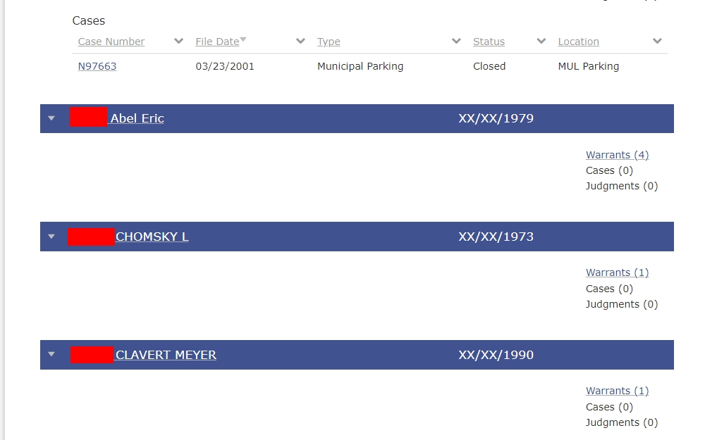 A screenshot of the Smart Search tool's sample warrants search results showing their names, year date, the number of warrants they have, and a hyperlink that will route to a page with more details of the individual.