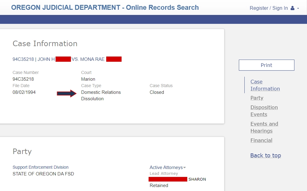 A screenshot displaying a case information of a dissolution case in Marion county including the case number, filing date, court, type, case status, and a part of the party information.