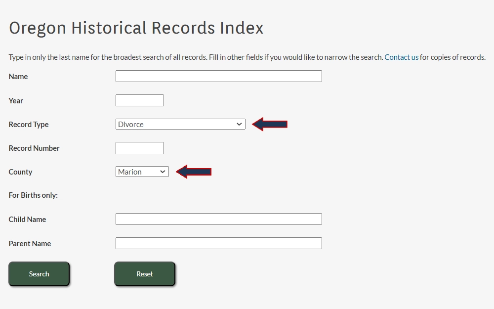 A screenshot of the historical index search tool with fields for name, year, record type, record number, county, and child and parent's name for births, with the record type and county filled and emphasized with arrows.