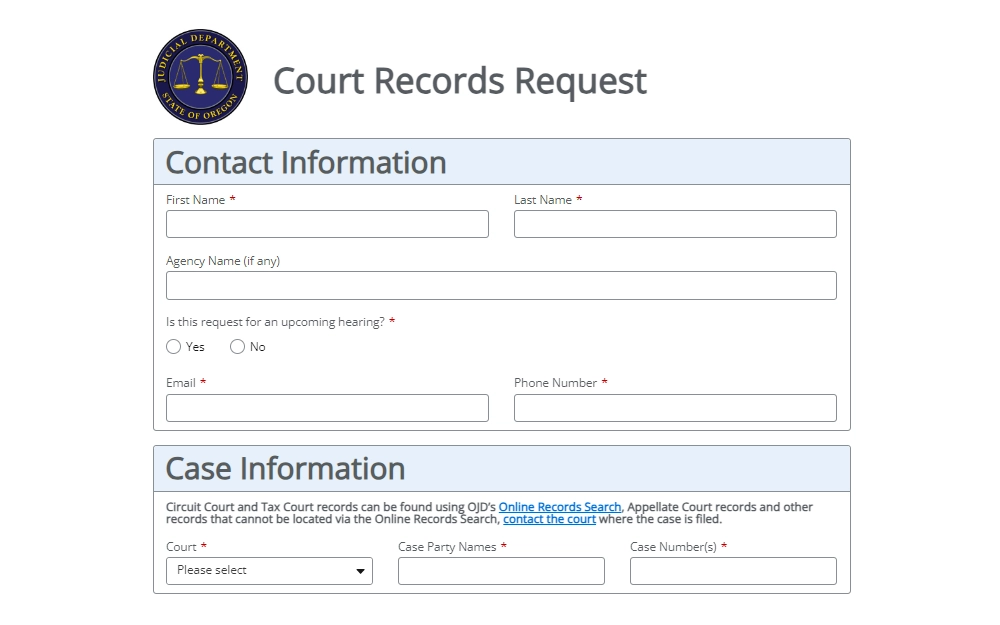 A screenshot of the online request for for court records displaying the first two sections containing the fields for contact and case information.