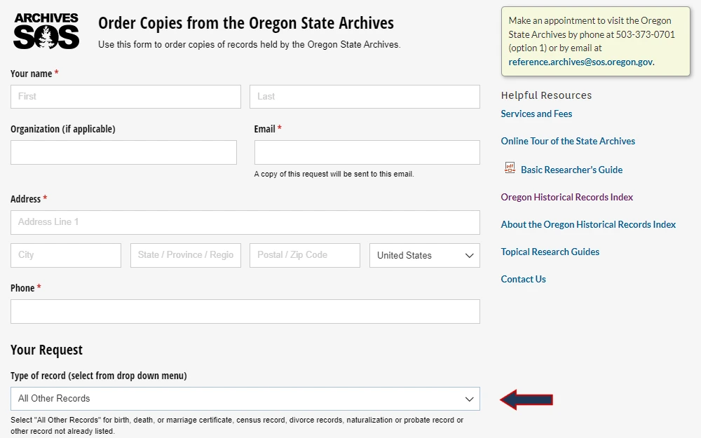 A screenshot of the online request form for copies from the state archives with fields available for name, organization, contact information, address, and request.