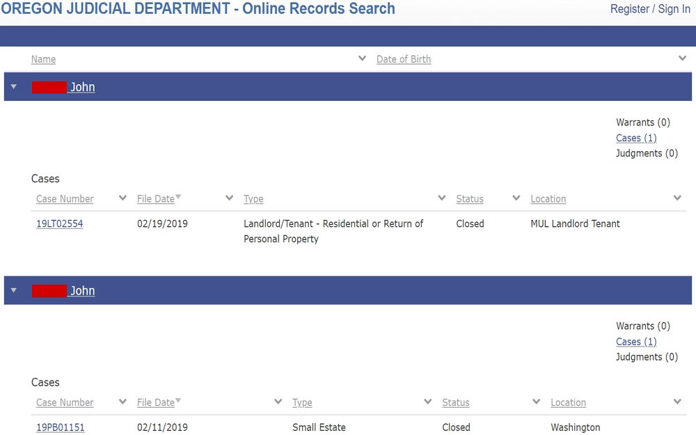 A screenshot from the Oregon Judicial Department detailing case numbers, file dates, types, statuses, and locations of the cases.