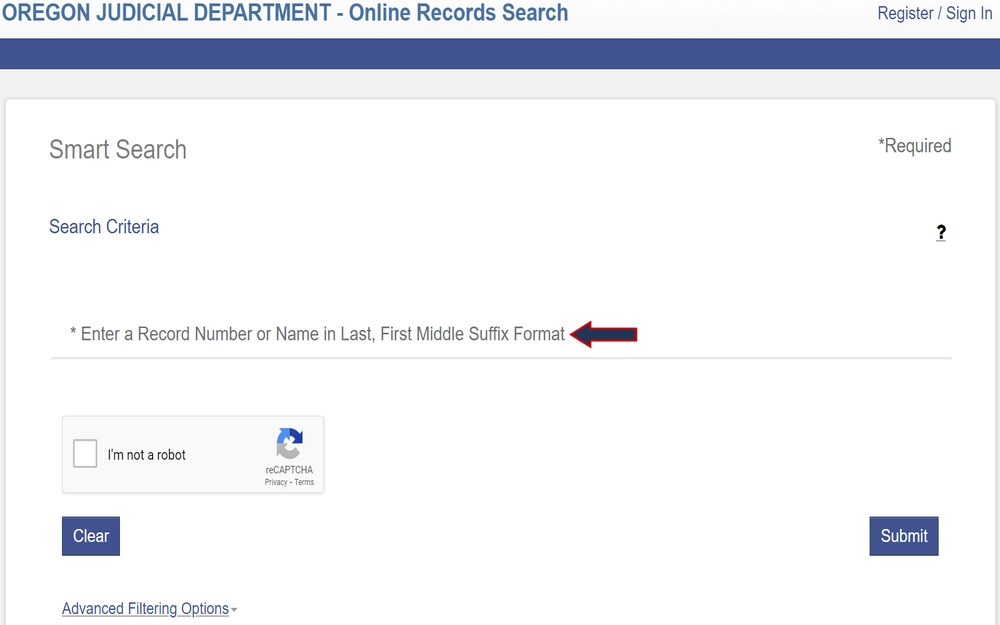 A screenshot of a Smart Search tool from the Oregon Judicial Department featuring a field for entering a record number or a person's name in a specified format, a reCAPTCHA verification checkbox, and submit and clear buttons.