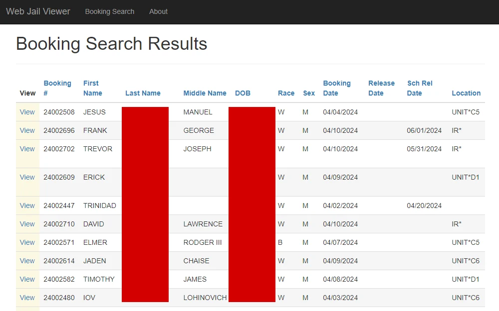 Screenshot of the booking search results from Marion County Jail, listing the following details: booking number, first name, last name, middle name, date of birth, race, sex, booking date, release date, scheduled release date, and location.