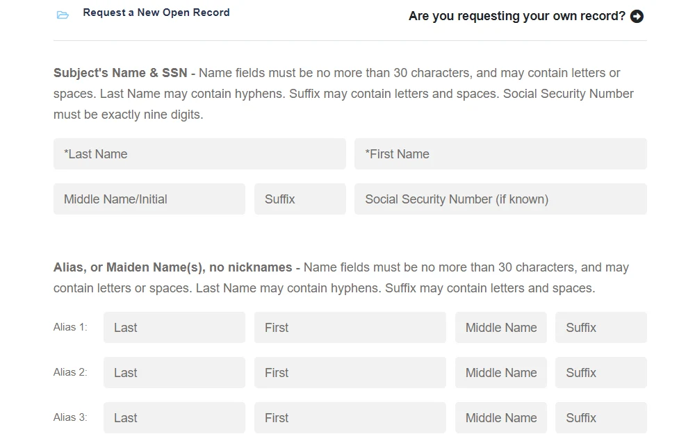 A screenshot of the online request form for open records from Oregon State Police shows the first two sections: the subject's name and SSN, and the alias or maiden names, both with their respective instructions.