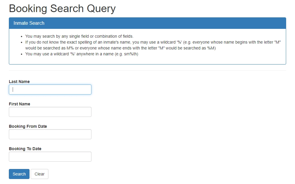 A screenshot of the booking record search tool from the Marion County Sheriff's Office displays a text box containing a bulleted instruction, followed by the input fields for last name, first name, and booking date range.