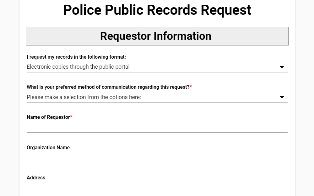 A screenshot of the public records request form from the Silverton Police Department shows the initial fields provided for the record format, preferred communication channel, name of the requester, and address.