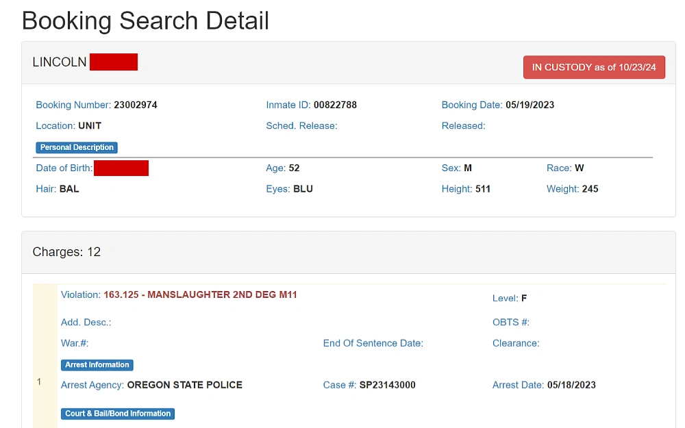 A screenshot showing a booking search detail with details such as name, booking number, inmate ID, location, booking and release dates, date of birth, age, and others from the Marion County Sheriff’s Office website.