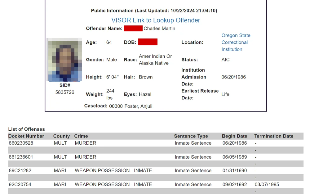 A screenshot featuring an offender's public information, including name, age, date of birth, location, gender, race, status, list of offenses and others, from the Oregon Department of Corrections website.