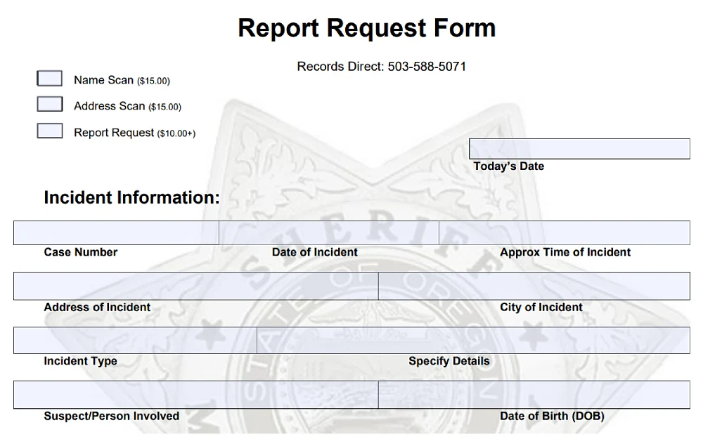 A screenshot of a report request form with information to fill in, such as the case number, date of the incident, approximate time of the incident, address, city, incident type, details, suspect/person involved, and date of birth.